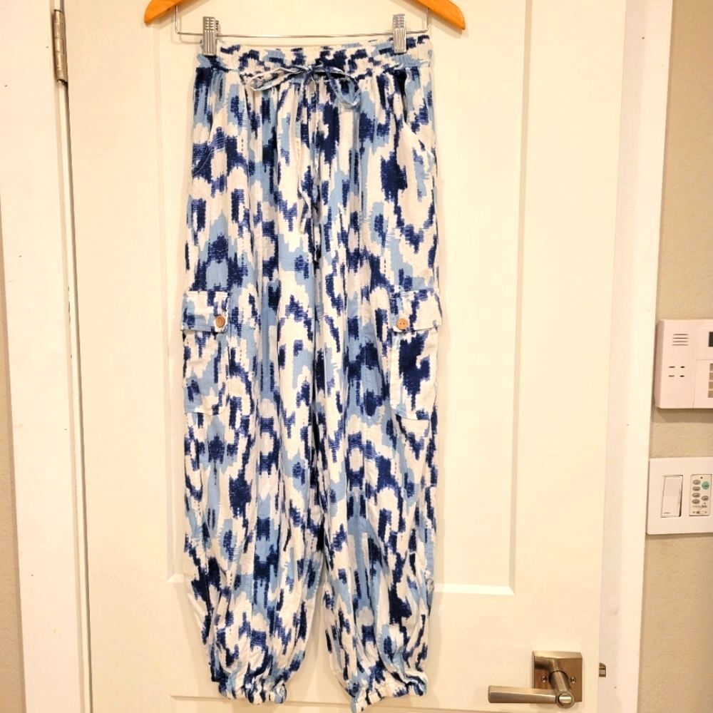 Christian Siriano Ikat Cargo Drawstring Cargo Jogger Pants Blue & White Cotton M